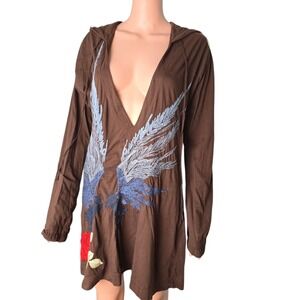 JWLA Johnny Was Embroidered Rock n Roll Wing Hooded Tunic Top Brown Large